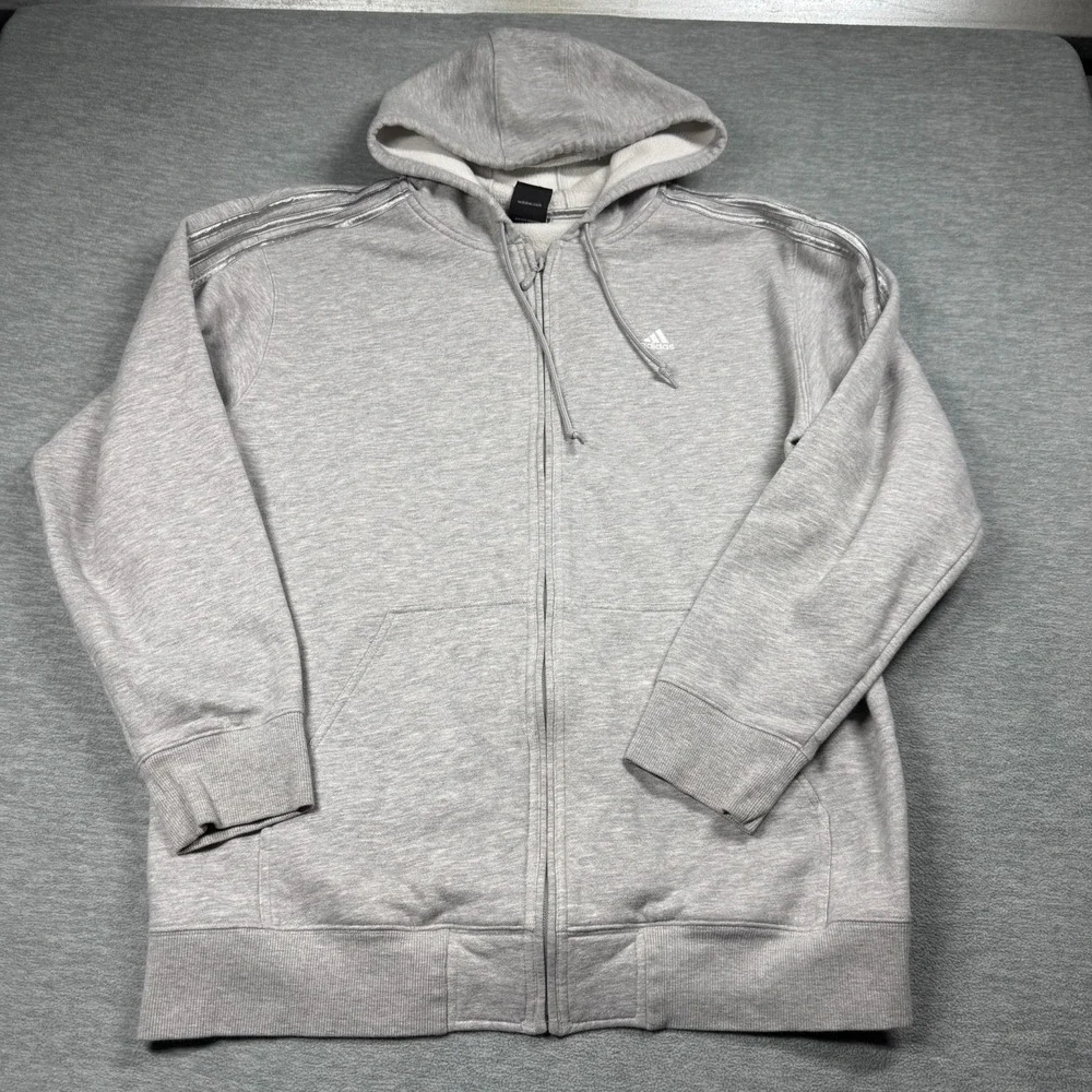 Adidas Hoodie Mens L Gray Full Zip 3-Stripe Metallic Silver Logo Fleece 25x31‎